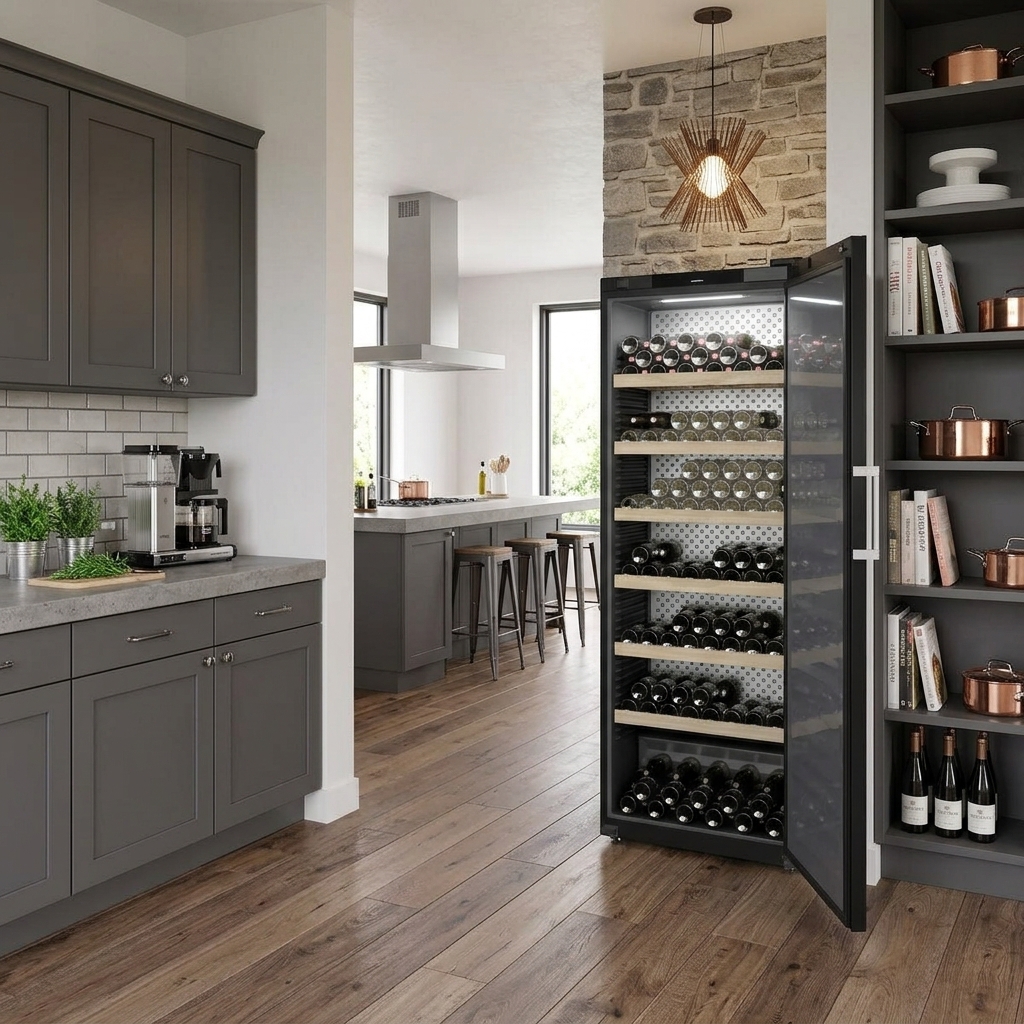 Liebherr WSbli 7731 in een moderne keuken, deur open met liggende flessen op houten legplanken