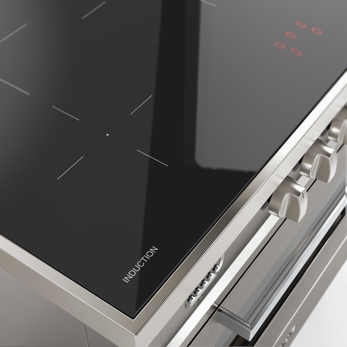 Close-up van ILVE Pro Line inductiekookplaat met rvs-rand en bedieningsknoppen