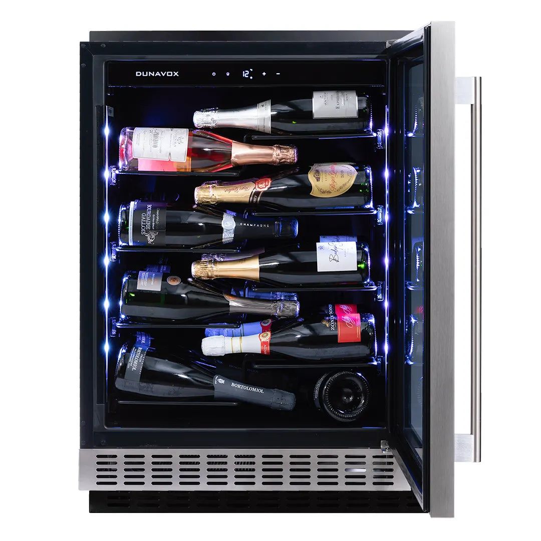 Dunavox Sera champagnekoelkast gevuld met champagneflessen