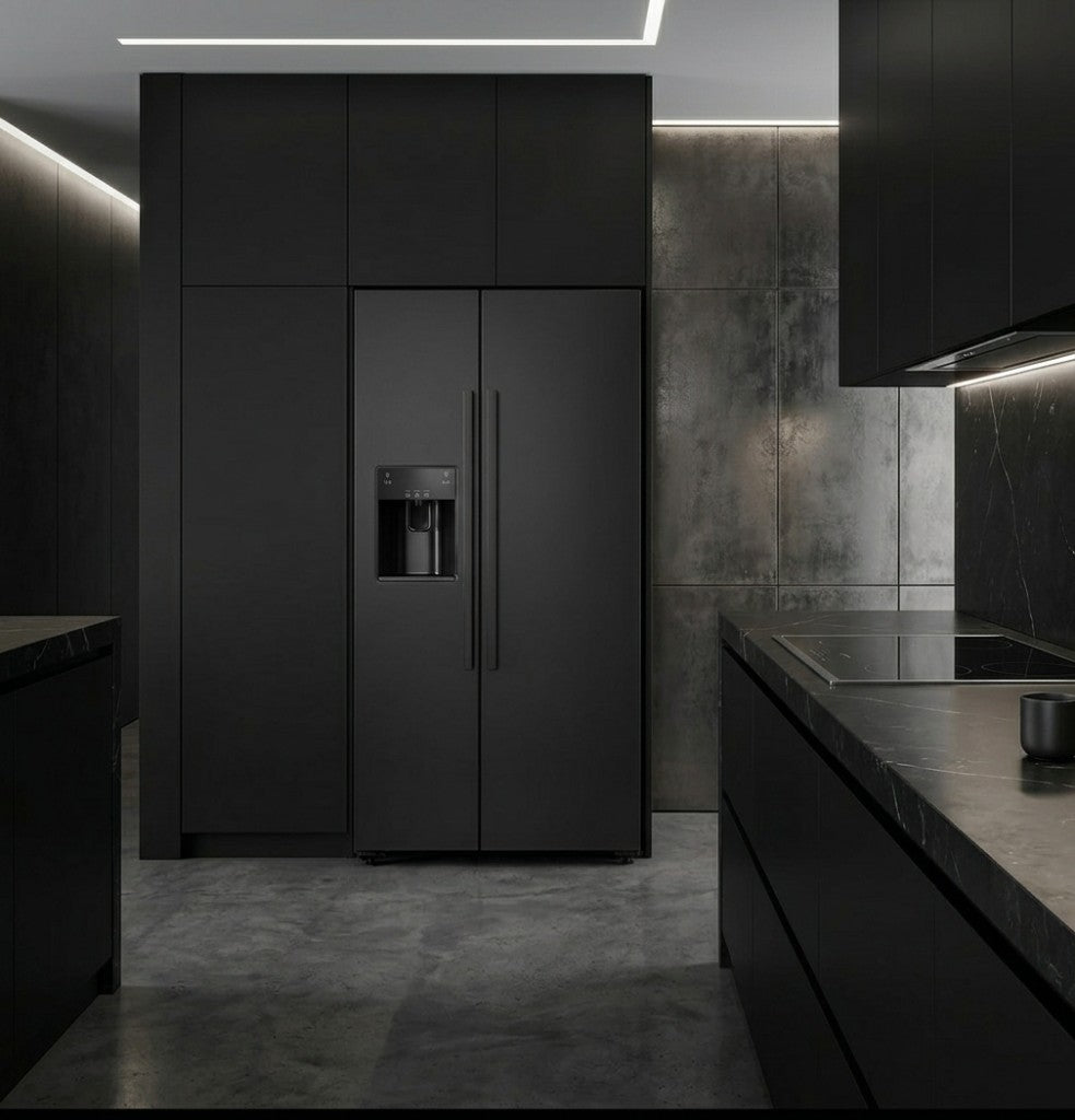 Kitchora SXS513HM 8BM matzwarte Amerikaanse koelkast in een keuken