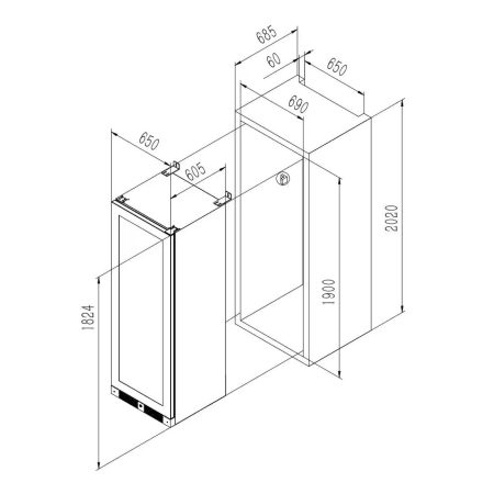 Eingebaute Ziehung des PeVino Imperial Eco mit einer Kapazität von 96 Flaschen und 1 Temperaturzone