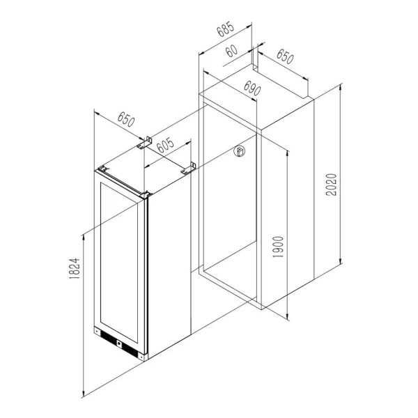 Inbouw tekening van de PeVino Imperial Eco met een capaciteit van 96 flessen en 1 temperatuurzone