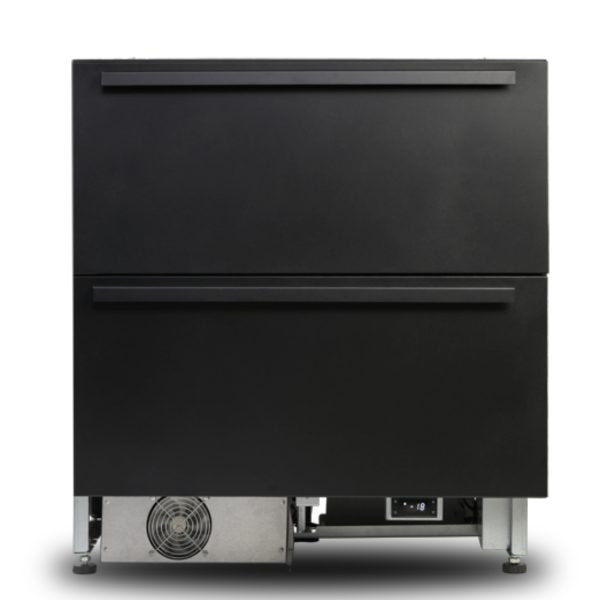 Productfoto vooraanzicht van de Norcool ladenvriezer G1 in mat zwarte afwerking.