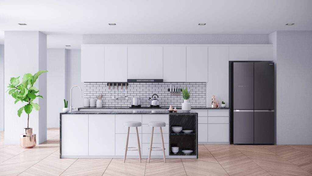 Moderne keuken met Hitachi Mauve Grey 4-deurs koelkast in premium French door ontwerp