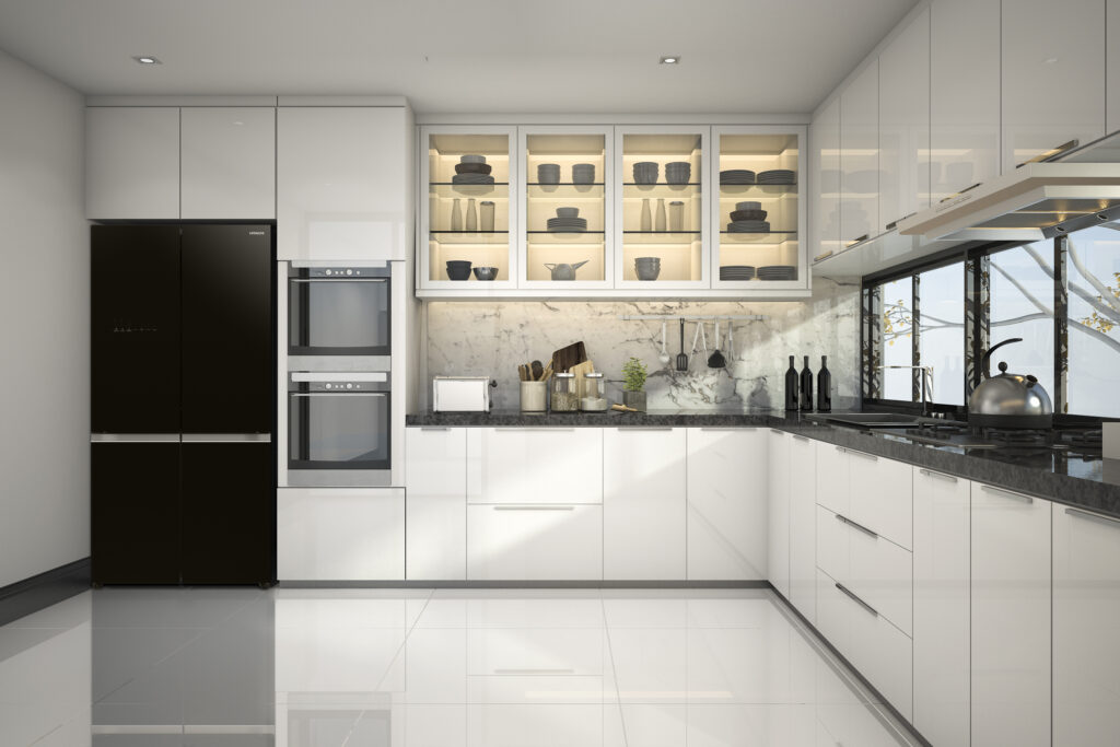 R-WB640VRU0-1 GBK zwarte Hitachi koelkast in een moderne witte keuken